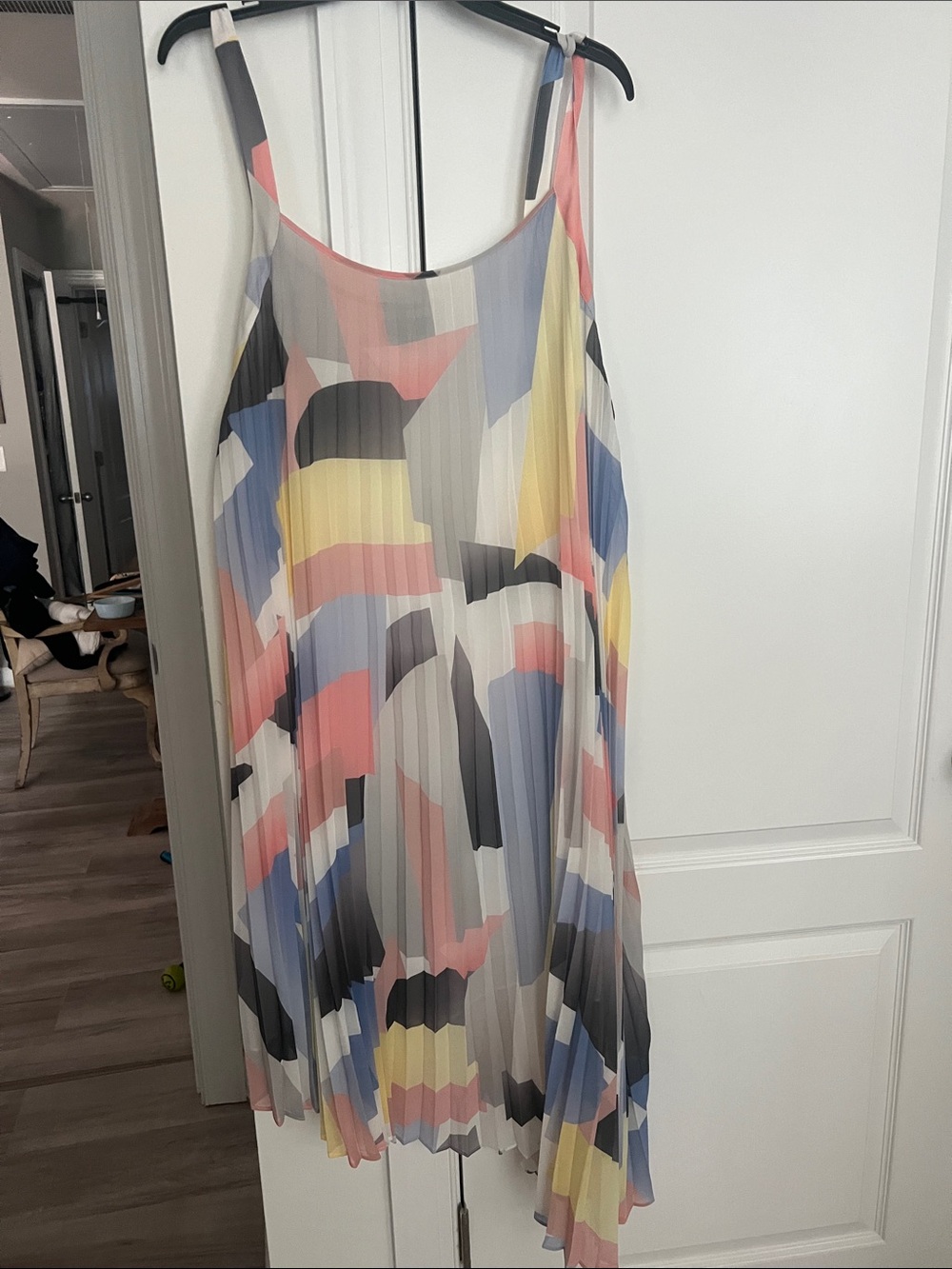 Madison Pleated Midi Dress in Pink, Blue & Yellow Abstract Print